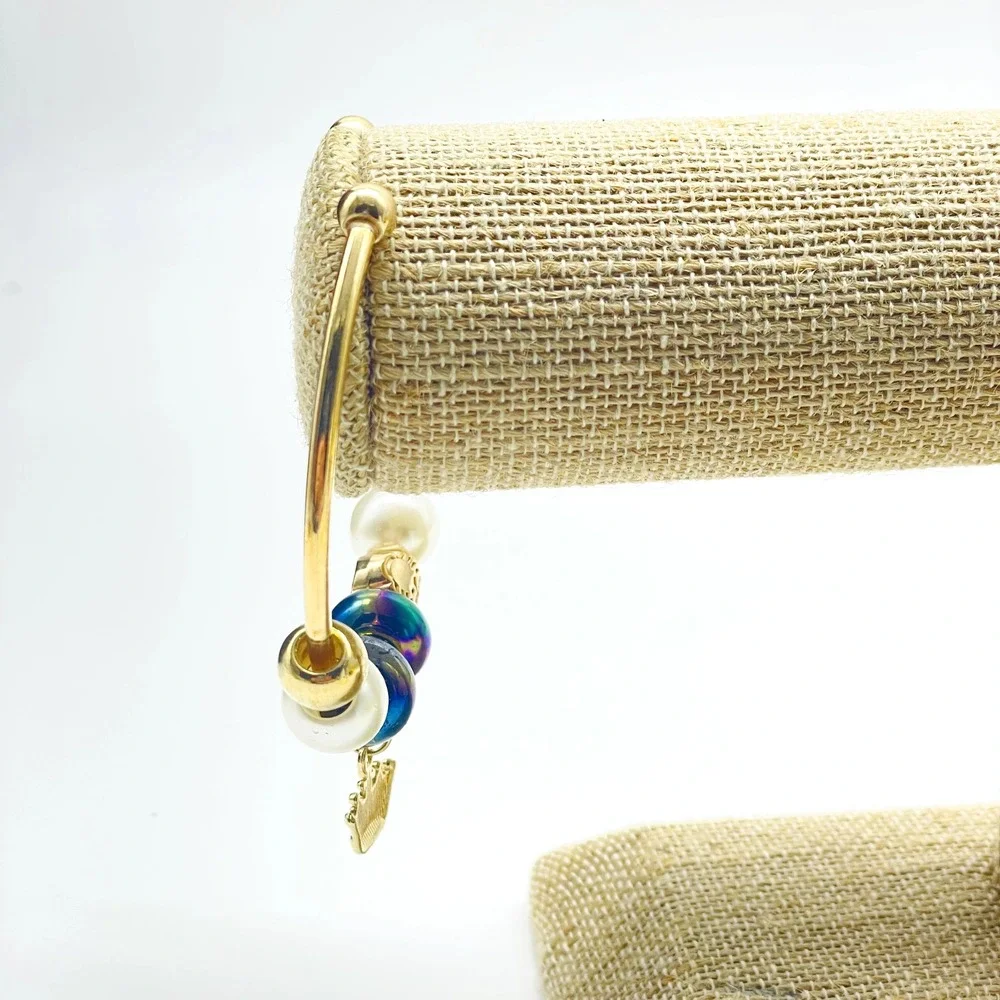 D'Bello Gold Tone Cuff Bracelet Blue Crystal Beads Crown Charm Adjustable NWT